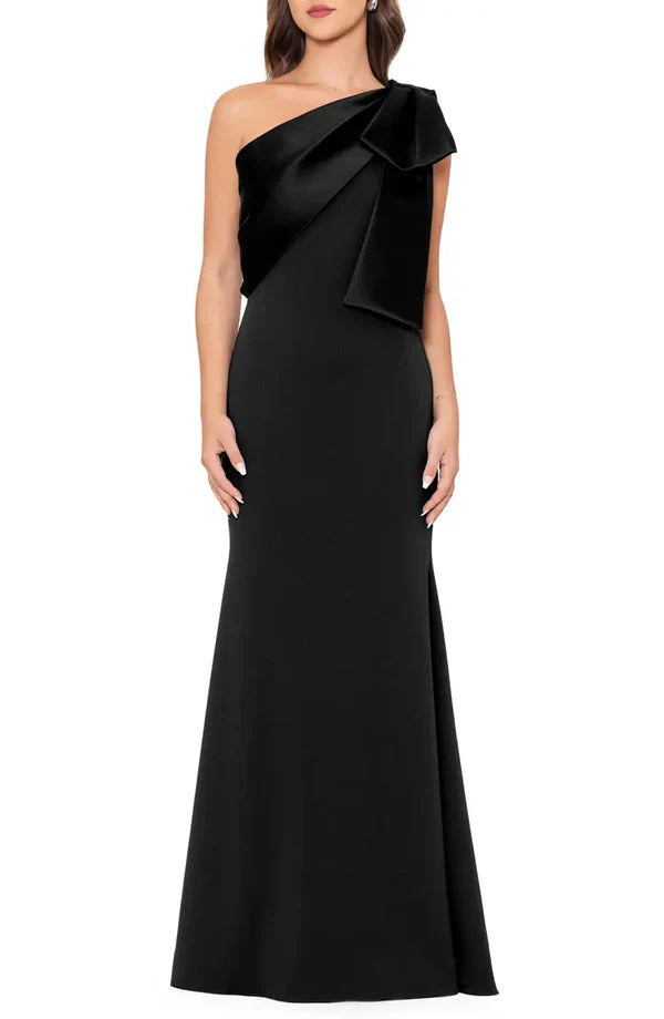 Luolandi A simple and elegant satin bow fish tail and floor length evening dress Black